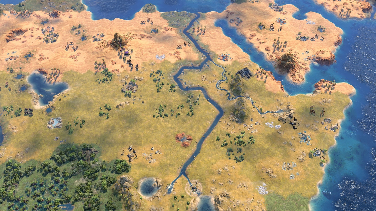 A winding river with green banks crosses a broad desert region in Civilization VII.