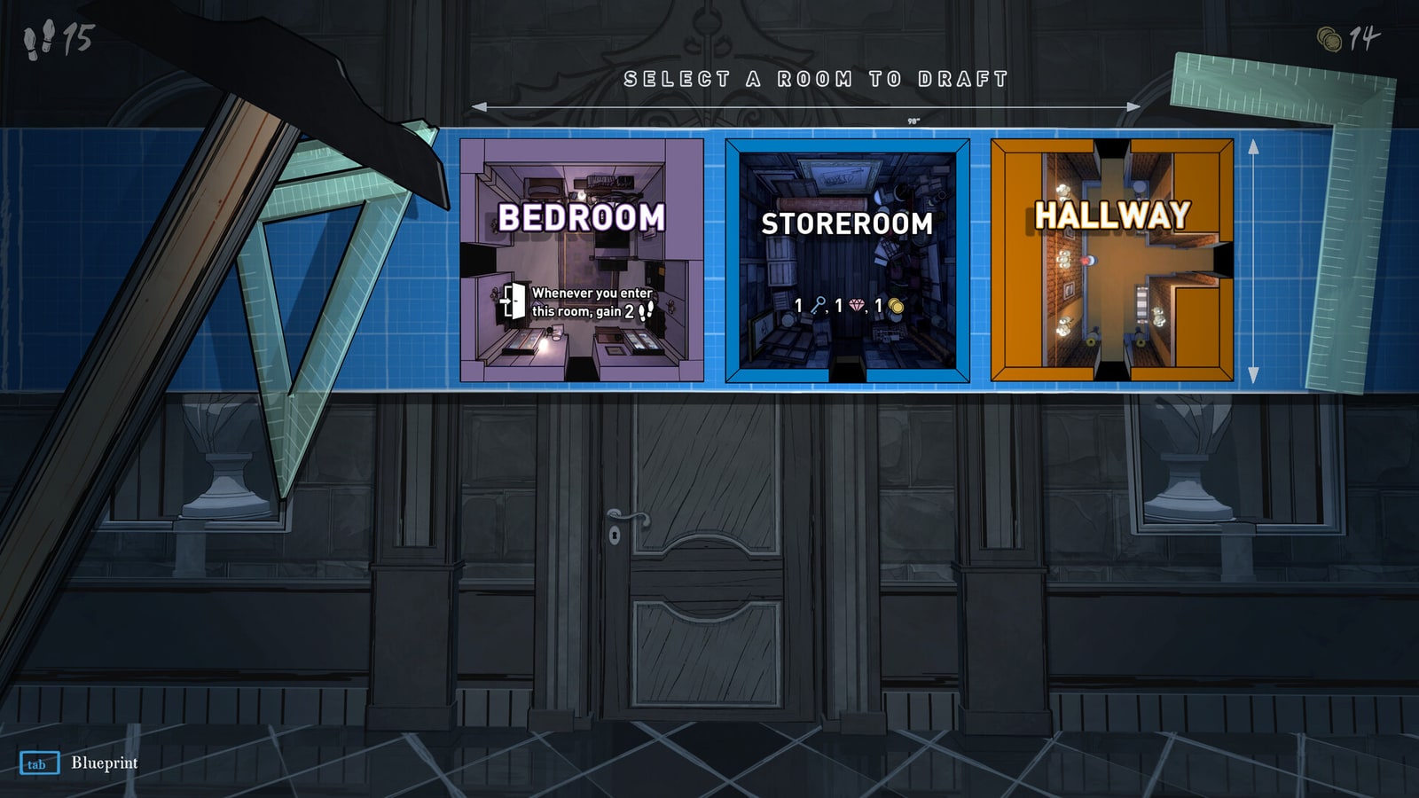 Blue Prince’s room-drafting interface offers Bedroom, Storeroom and Hallway cards.