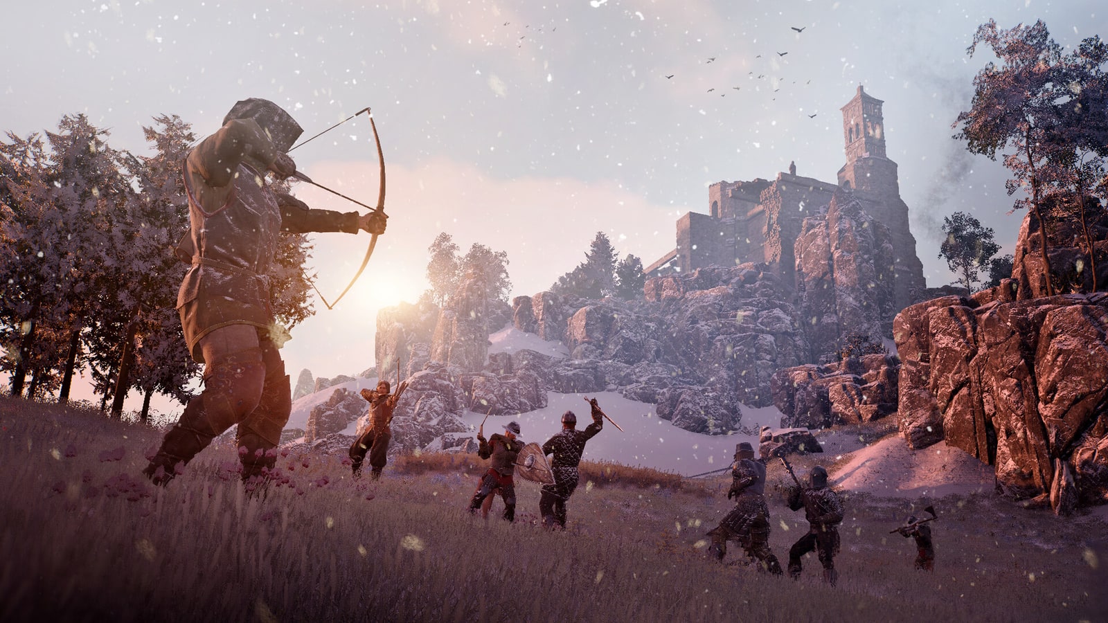 A bow-wielding Bellwright character and companions fight near a stone fort in a field of flowers.