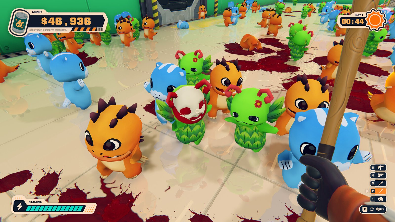 Cartoon creatures crowd the factory floor around the player's melee weapon.