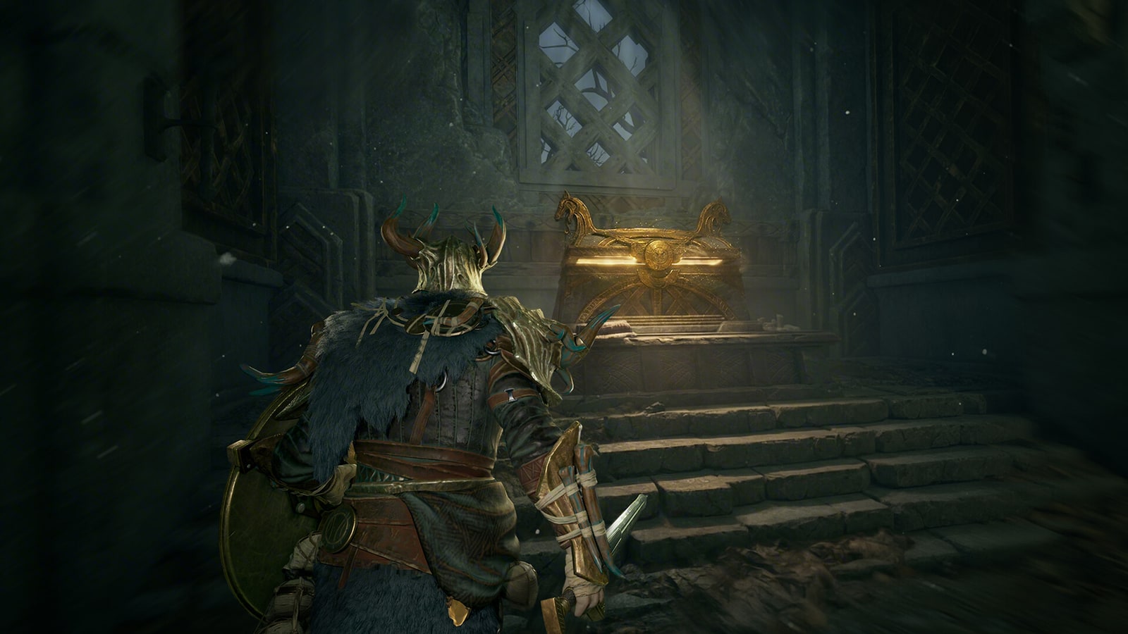 An armoured Mistfall Hunter character stands beside an open, glowing chest in a dark stone chamber.
