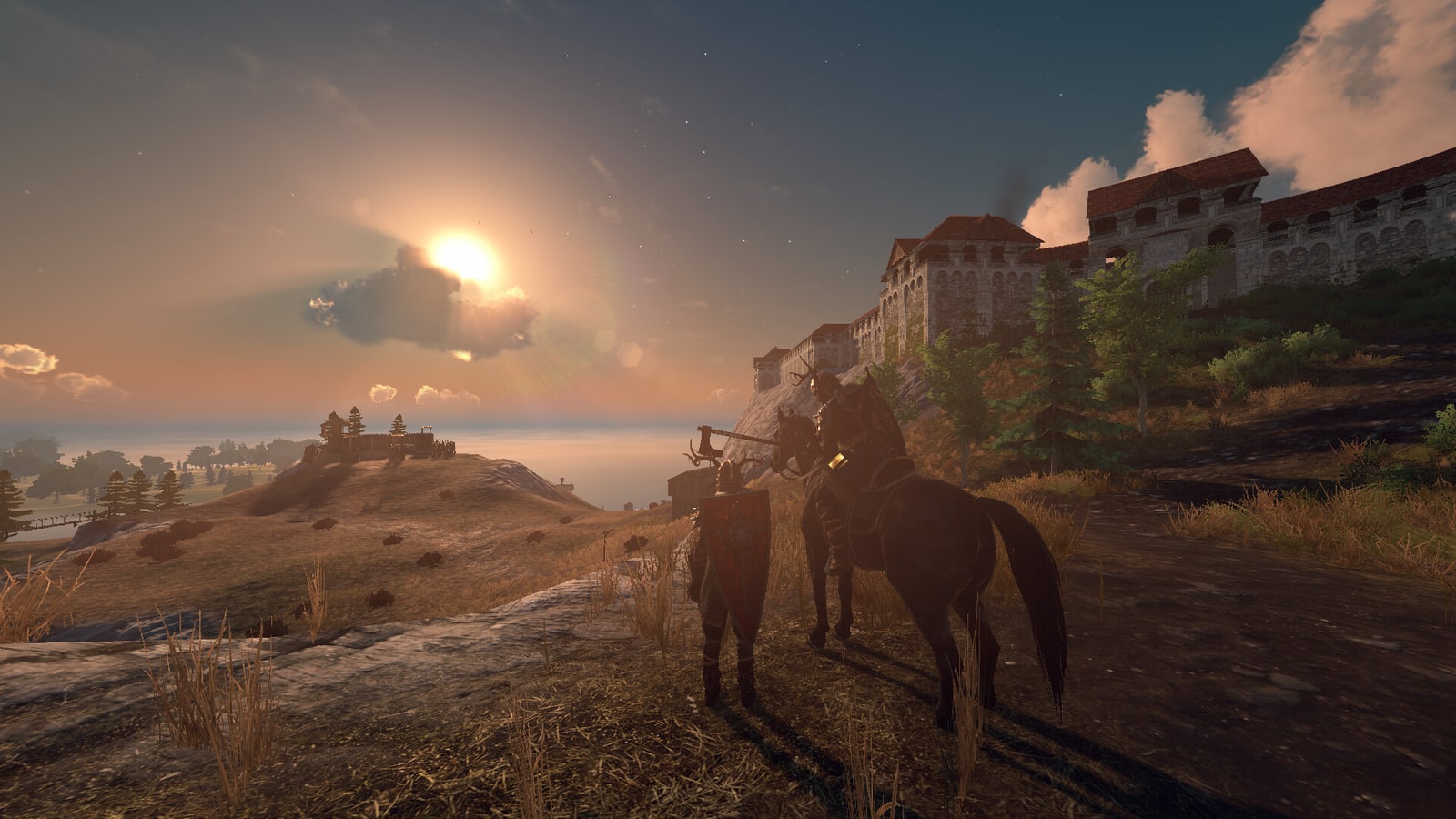 A mounted character looks across a coastal landscape toward a sunlit castle in Gloria Victis.