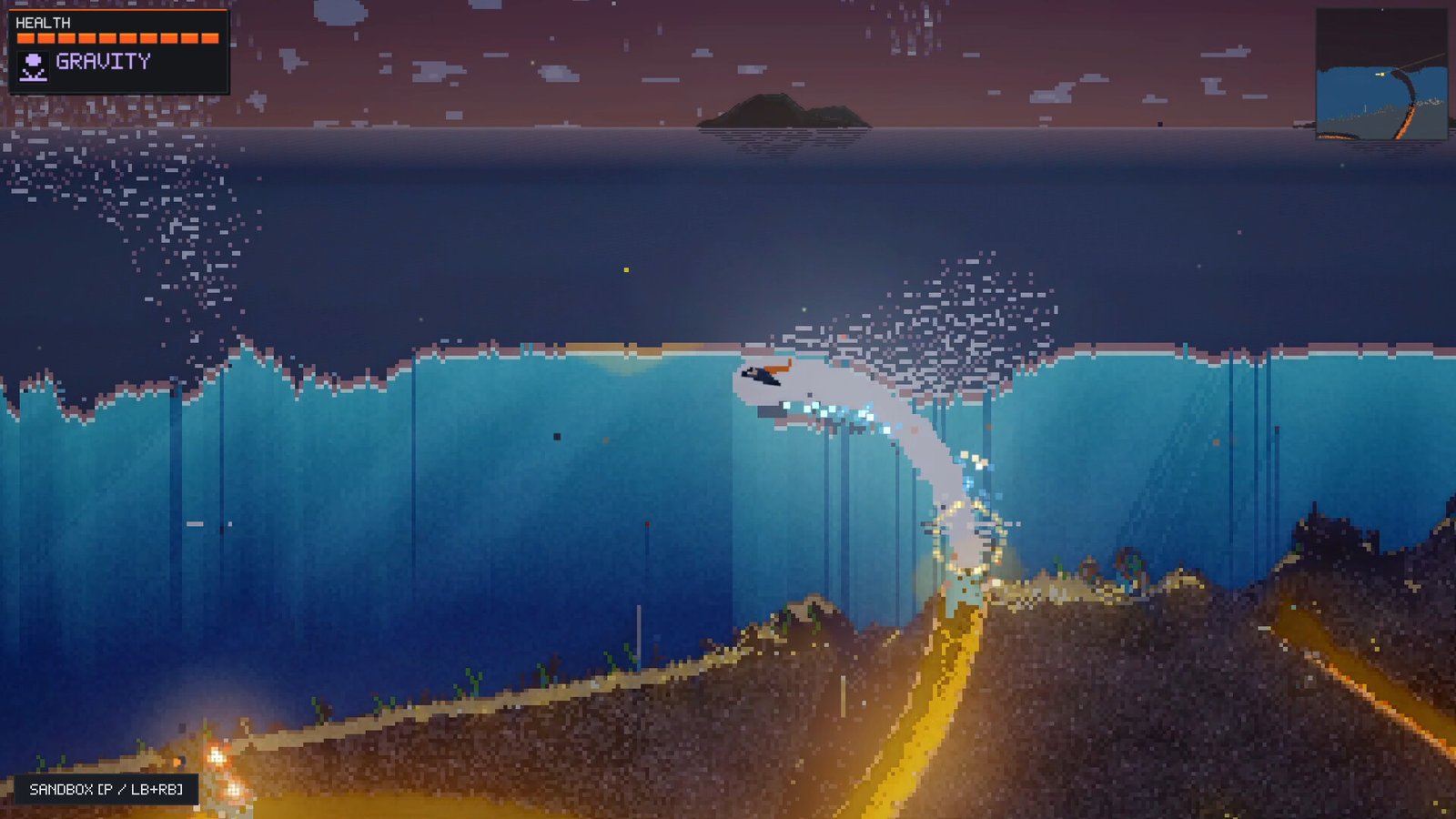 Water and lava meet inside a large side-view cavern.