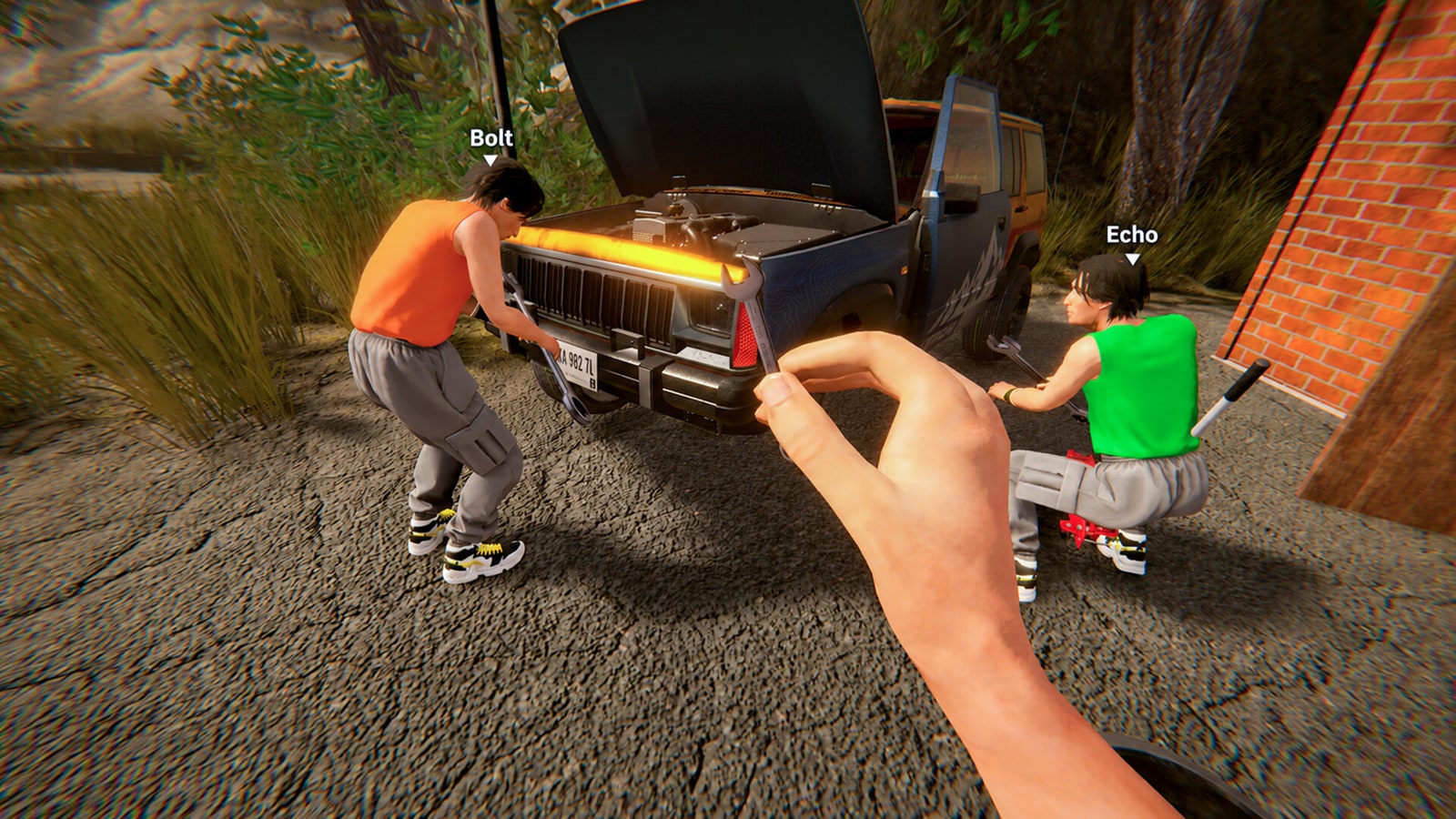 Two players work beside the open hood of a car in My Summer Project Together.