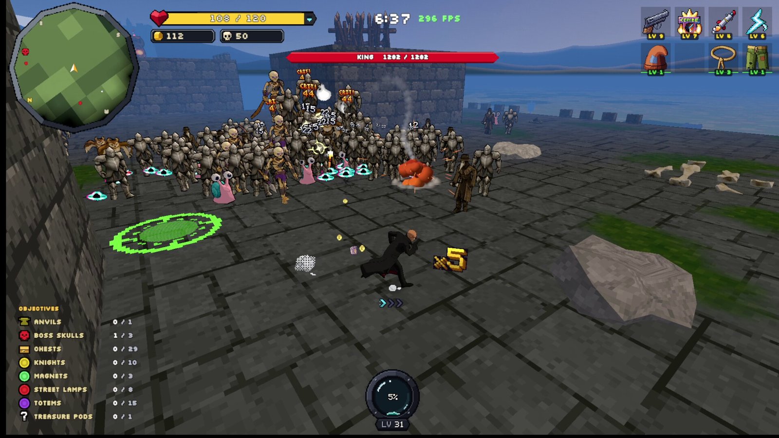 A character faces a dense group of enemies on a stone platform.