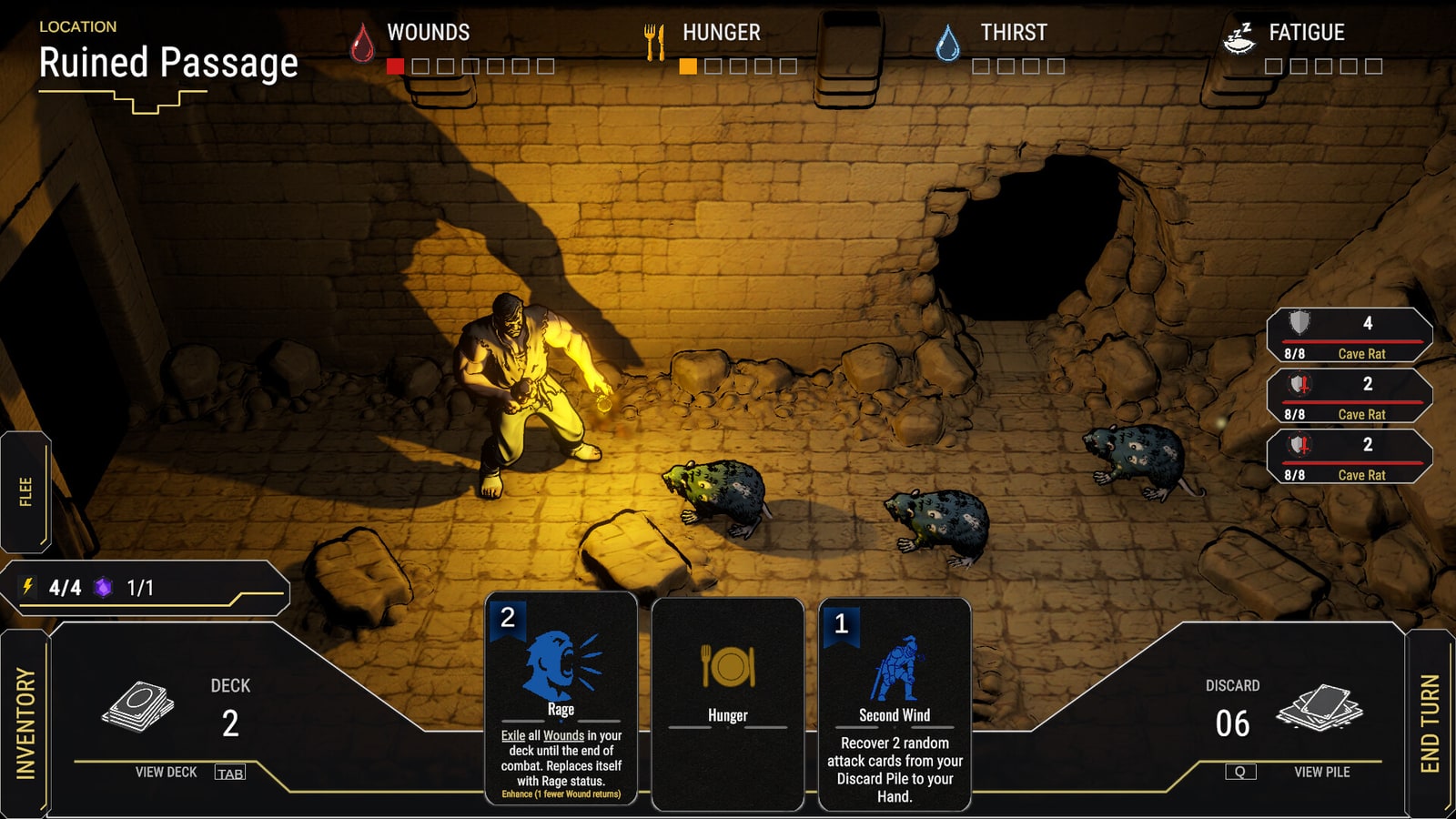 A torch-lit dungeon passage with combat cards, hunger, thirst and fatigue indicators in Submundus.