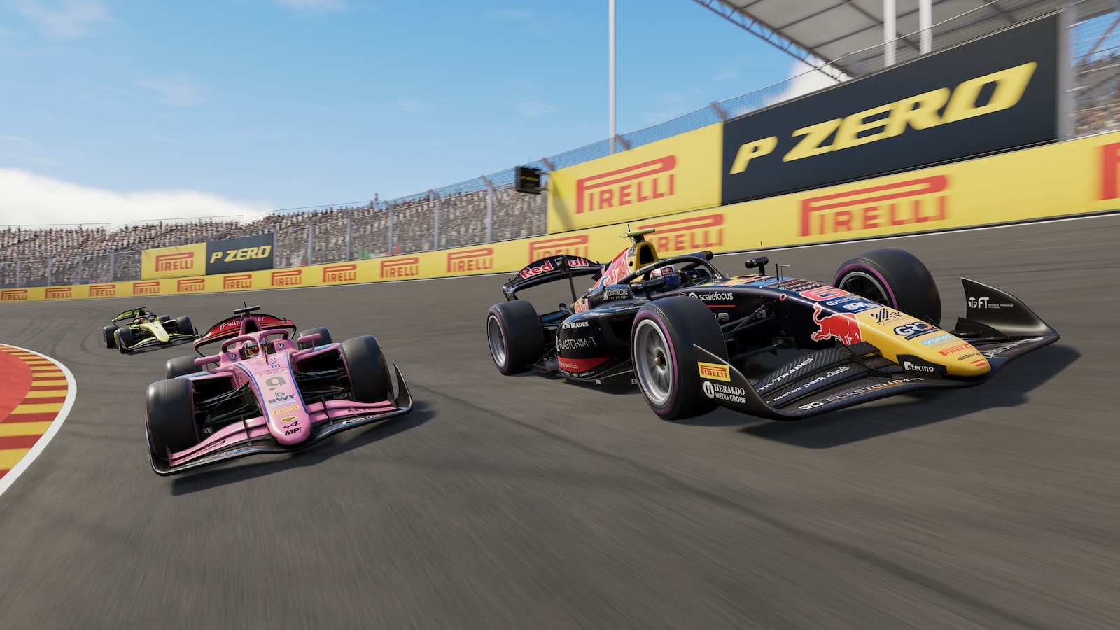 Formula 2 cars race side by side near Pirelli boards at Madrid’s MADRING circuit in the game.