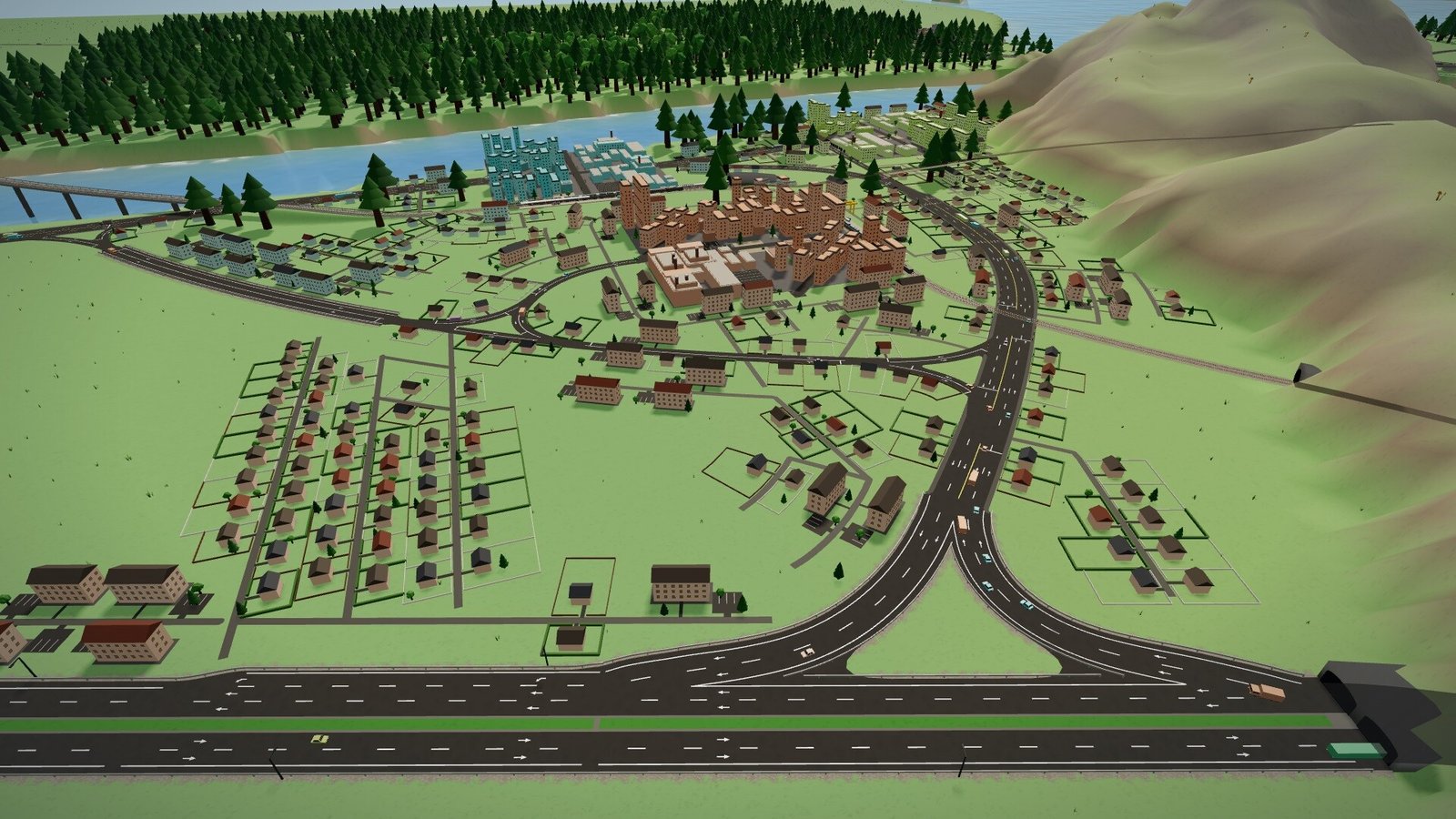 Roads and junctions connect buildings across a simulated town.