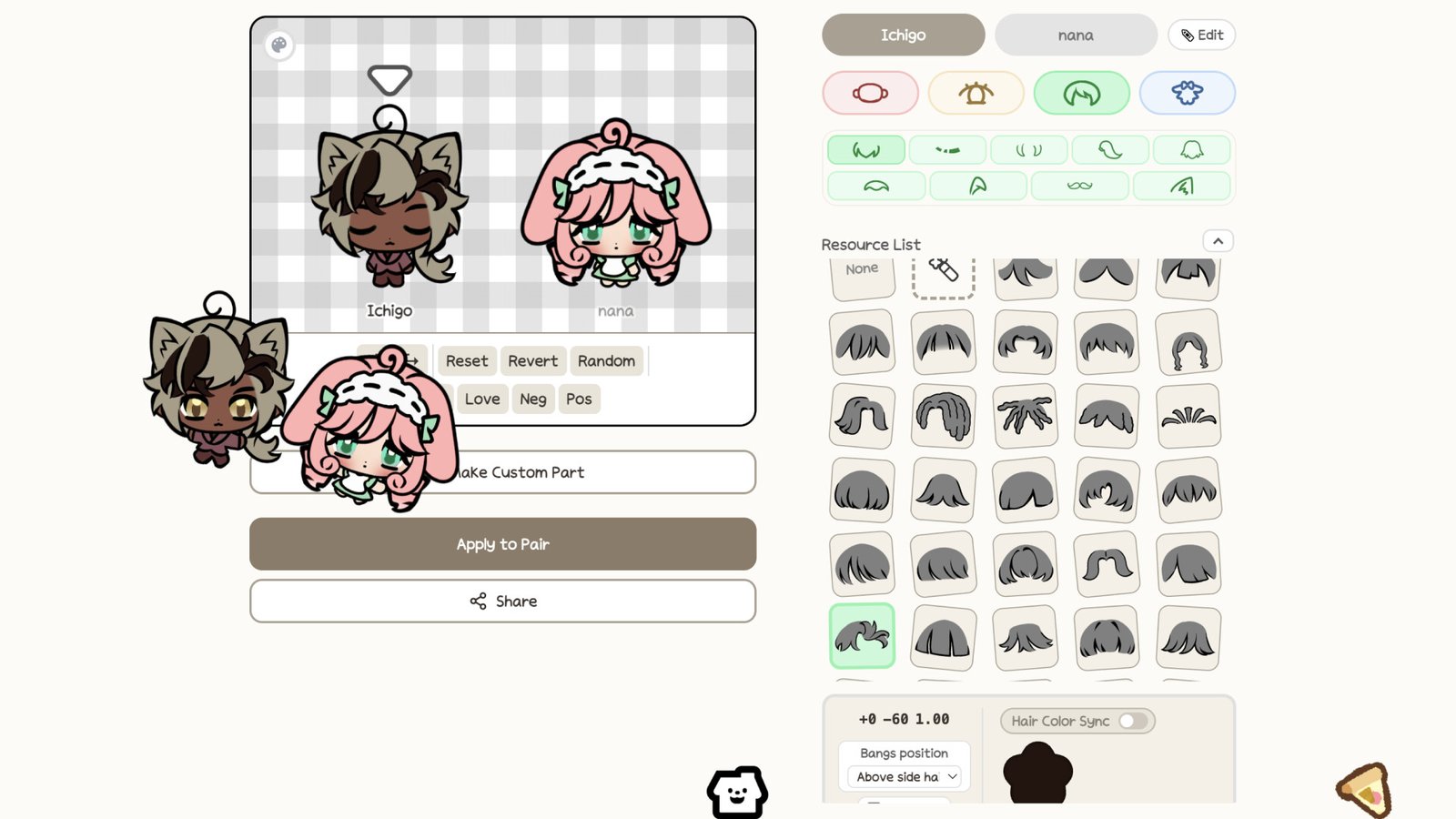 The character editor shows two companions alongside selectable customization parts.
