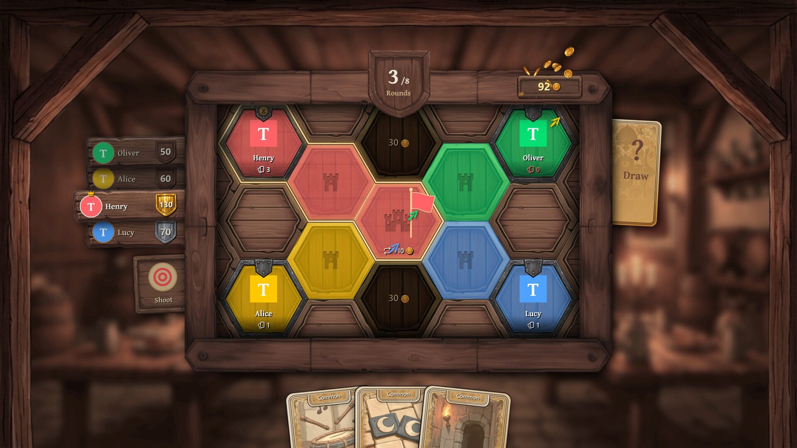 Coloured territories surround castles on Tavernia's hexagonal board.