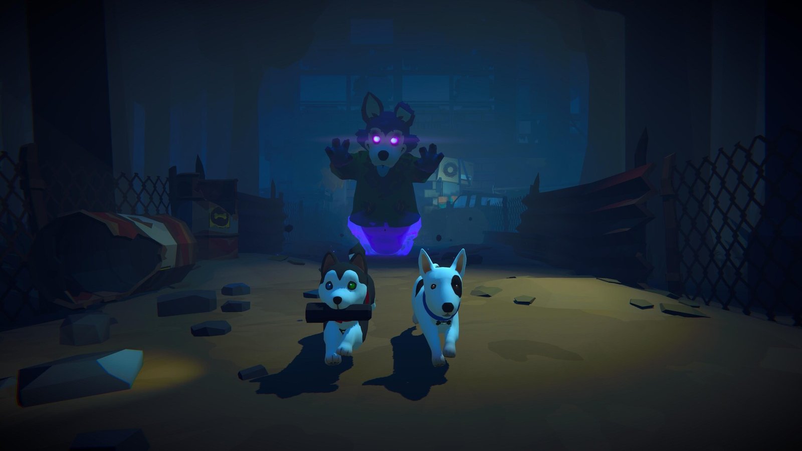 The puppies run through a dark scene with a glowing creature behind them.