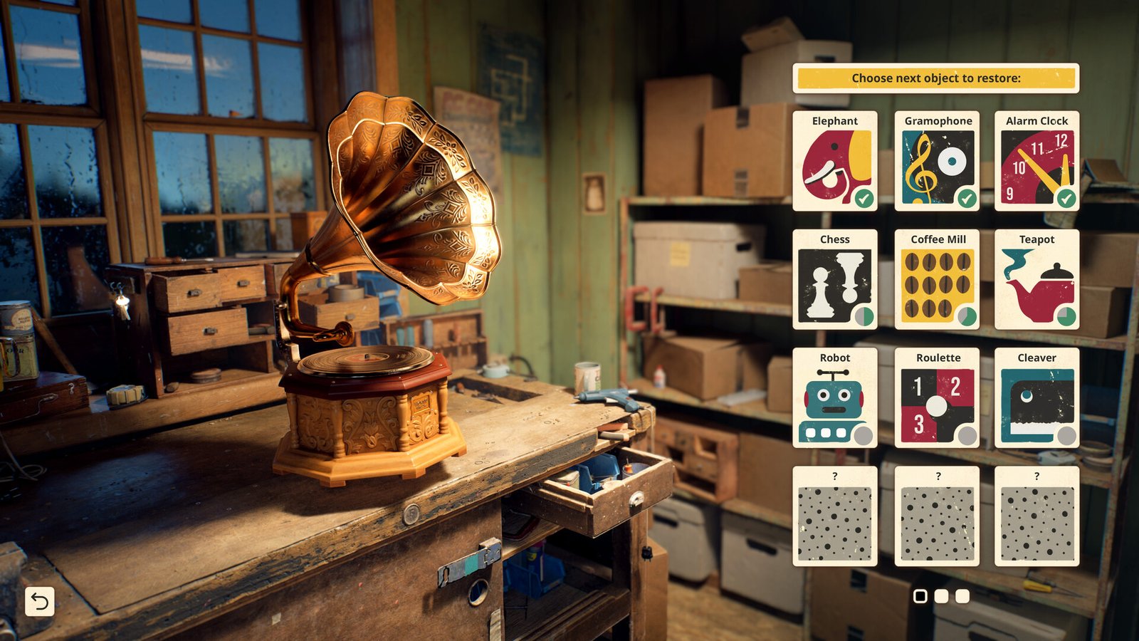 A gramophone stands on the workbench beside the object-selection menu.