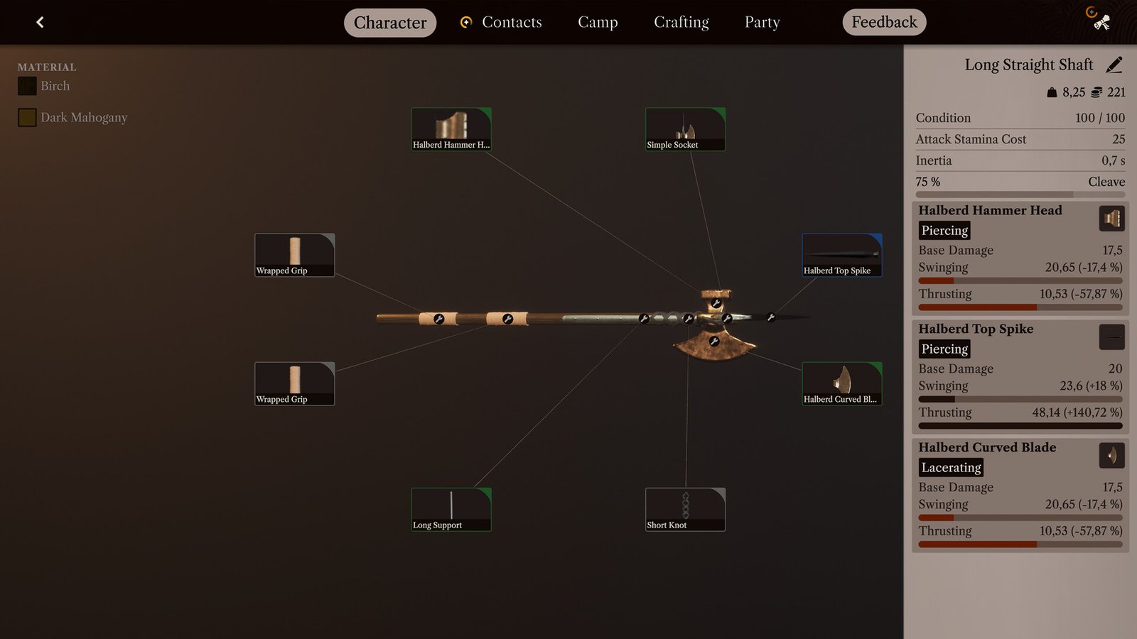 The equipment interface displays a weapon assembled from several labelled components.