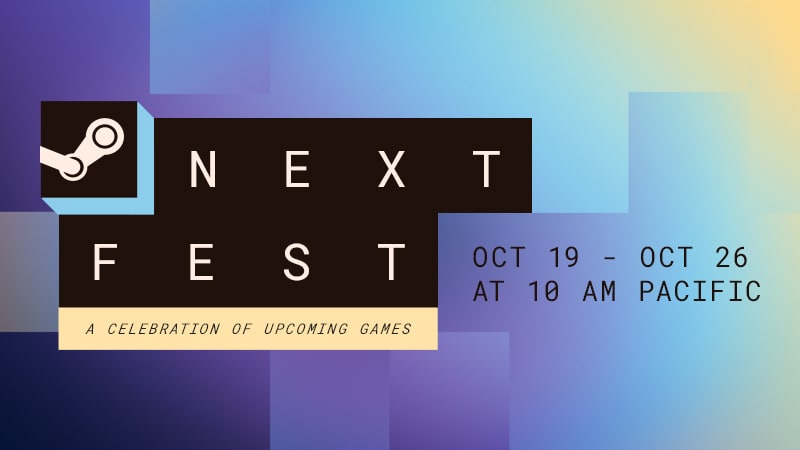 Steam Next Fest event artwork showing October 19–26 and a 10 a.m. Pacific time.