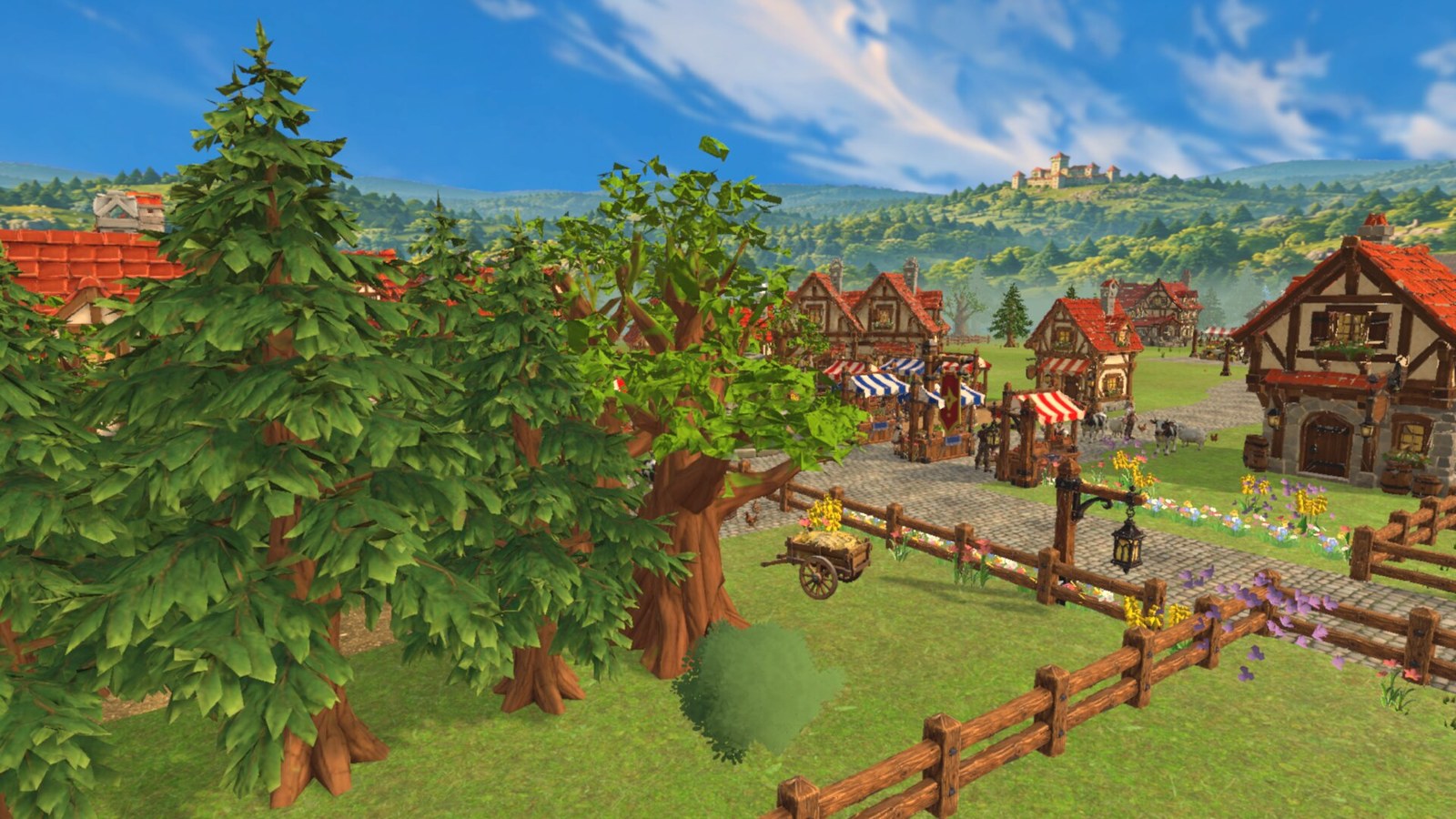 Timber cottages, trees and fenced garden plots in Hearthbound’s village.
