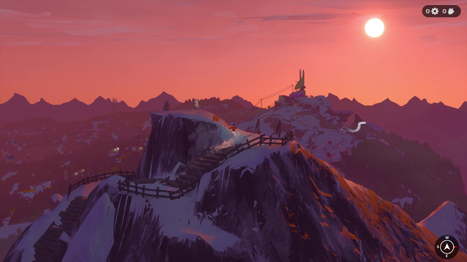 Sunset over a snowy mountain ridge and a ski-resort structure in The Vast White.