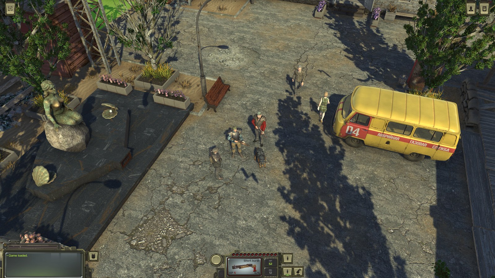 An ATOM RPG party stands near a yellow vehicle on a forest road.