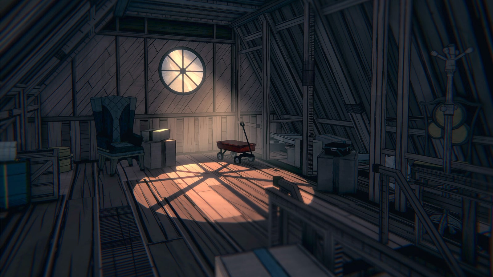 A quiet timber-framed attic room with a circular window casting warm light in Blue Prince.