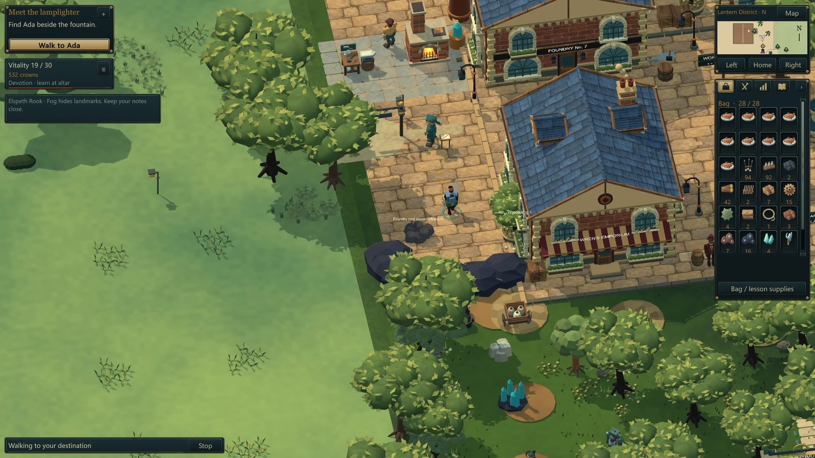 An overhead Windows prototype view of Wildercrown’s town streets, buildings and character interface.