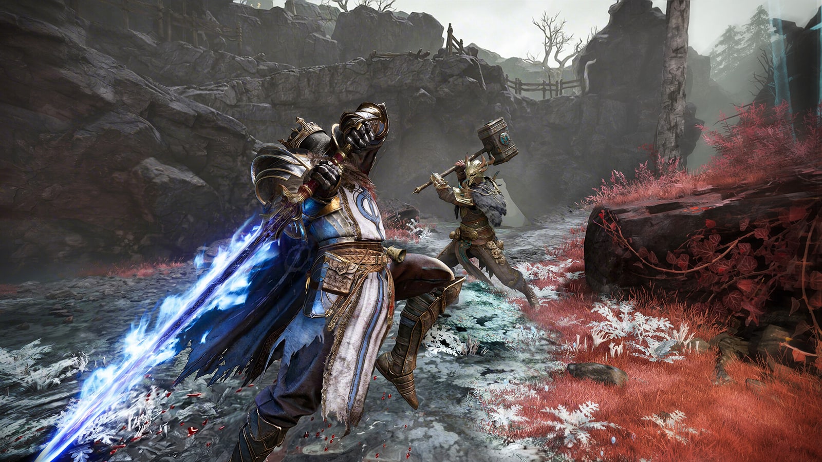 An armoured fighter swings a blue-glowing weapon in a rocky, red-leafed landscape in Mistfall Hunter.