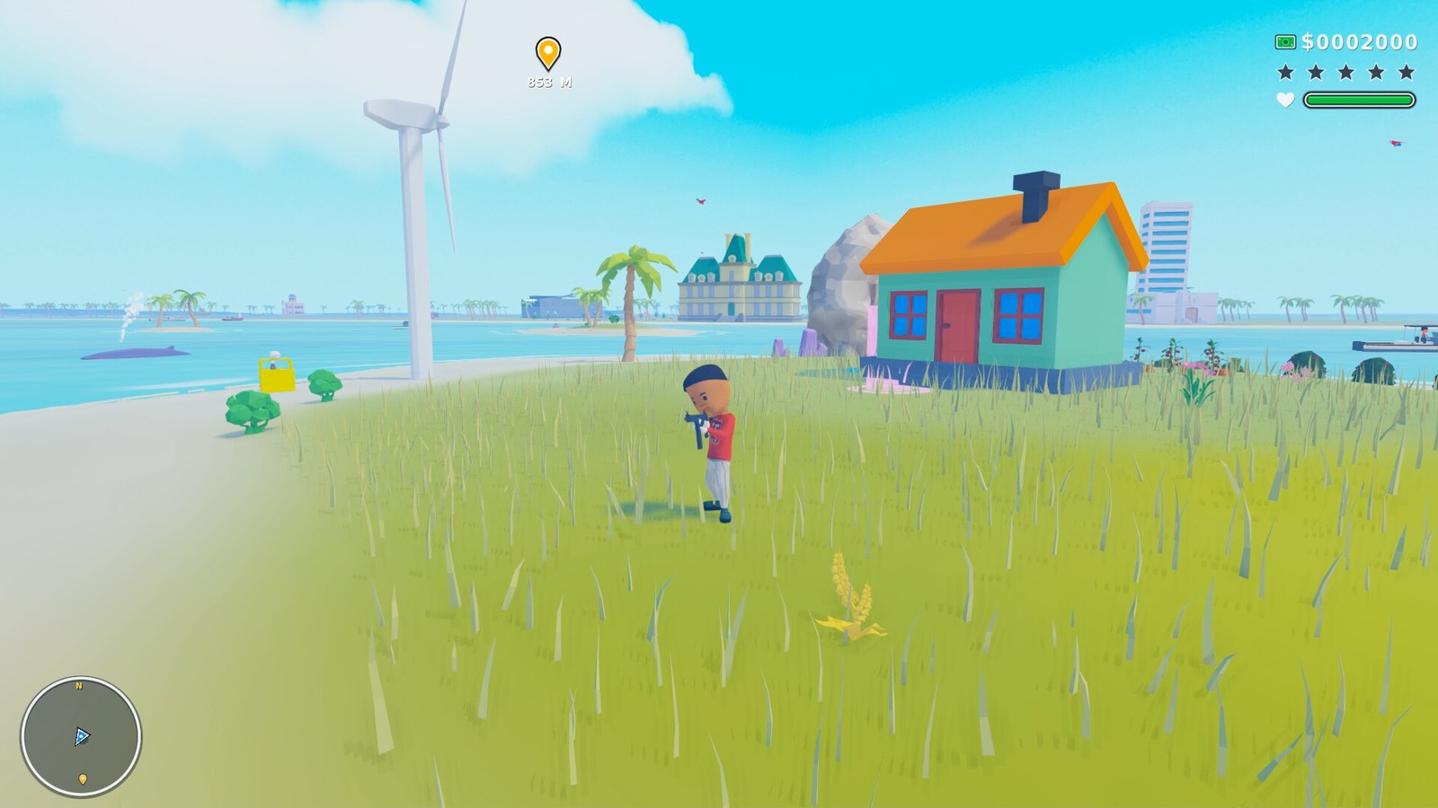 A Cartoon Crime character stands near a small seaside house under a blue sky.
