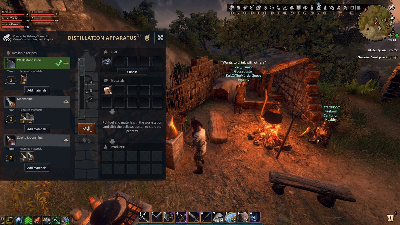 The distillation crafting interface beside a campfire and work area in Gloria Victis.