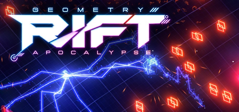 Geometry Rift: Apocalypse logo over blue and pink geometric arcade artwork.