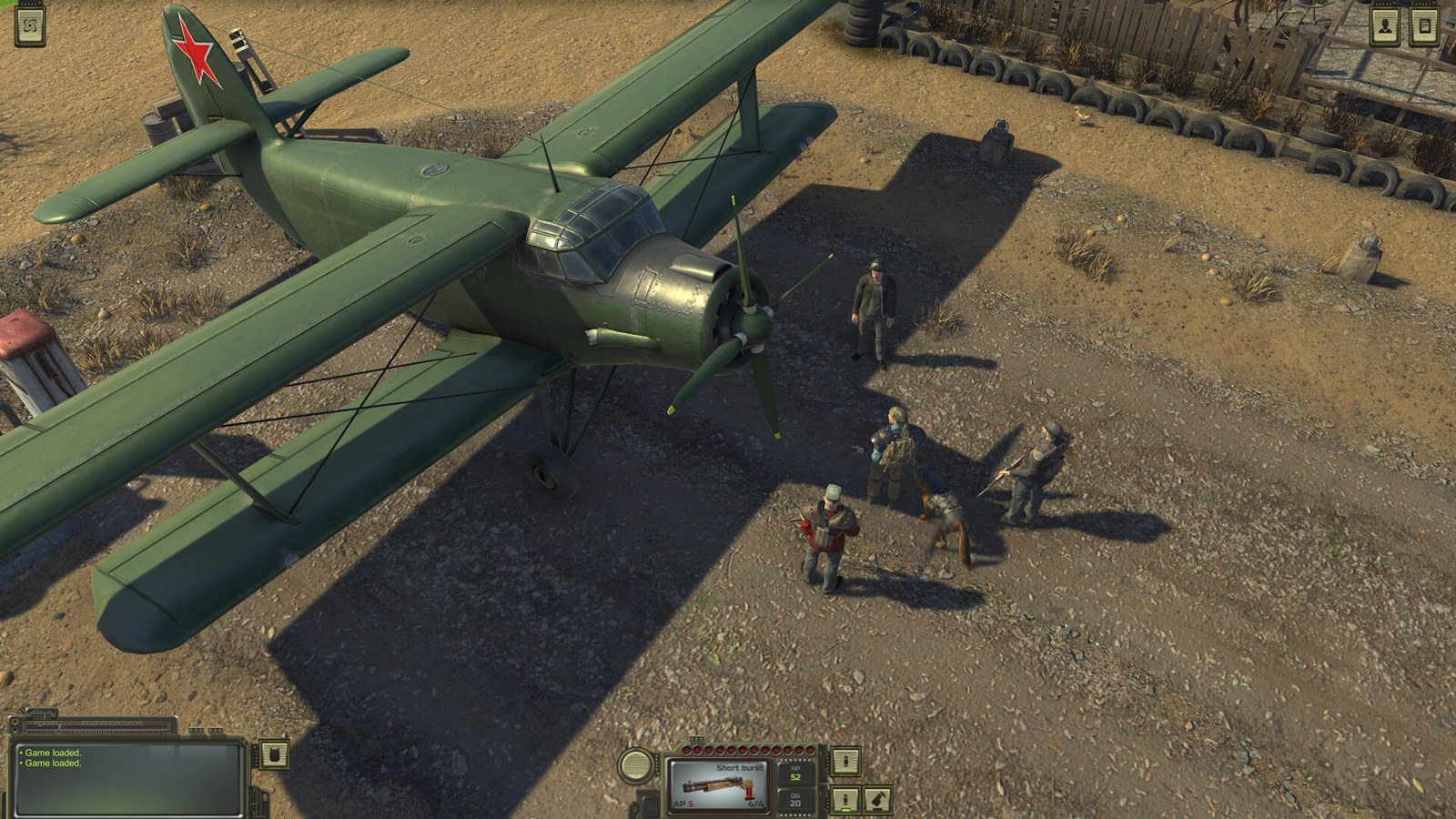 ATOM RPG party members stand beside a green aircraft at an airfield in the Plague Island gallery.