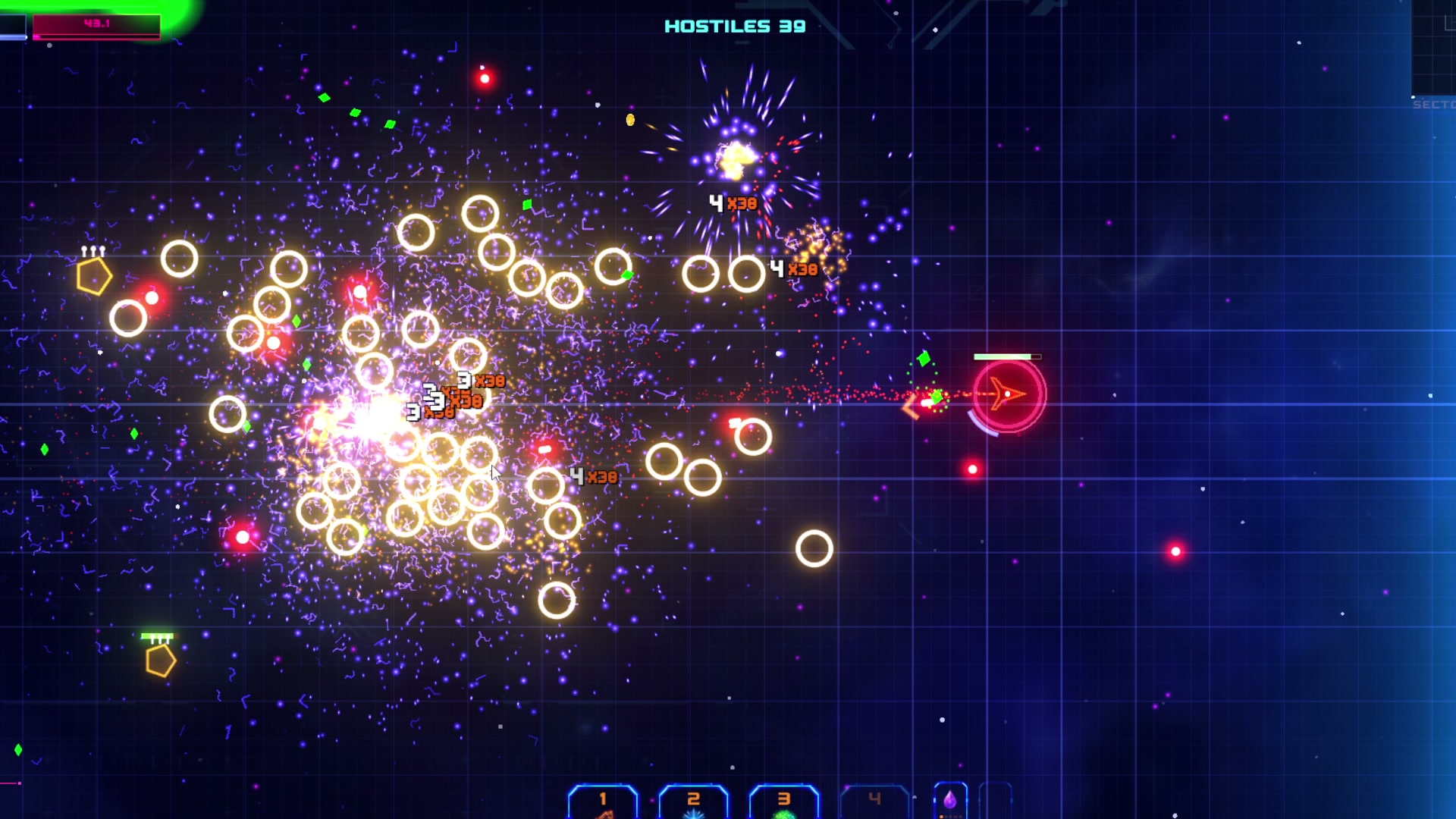 A packed neon arena in Geometry Rift: Apocalypse, with the player's ship surrounded by explosions and geometric enemies